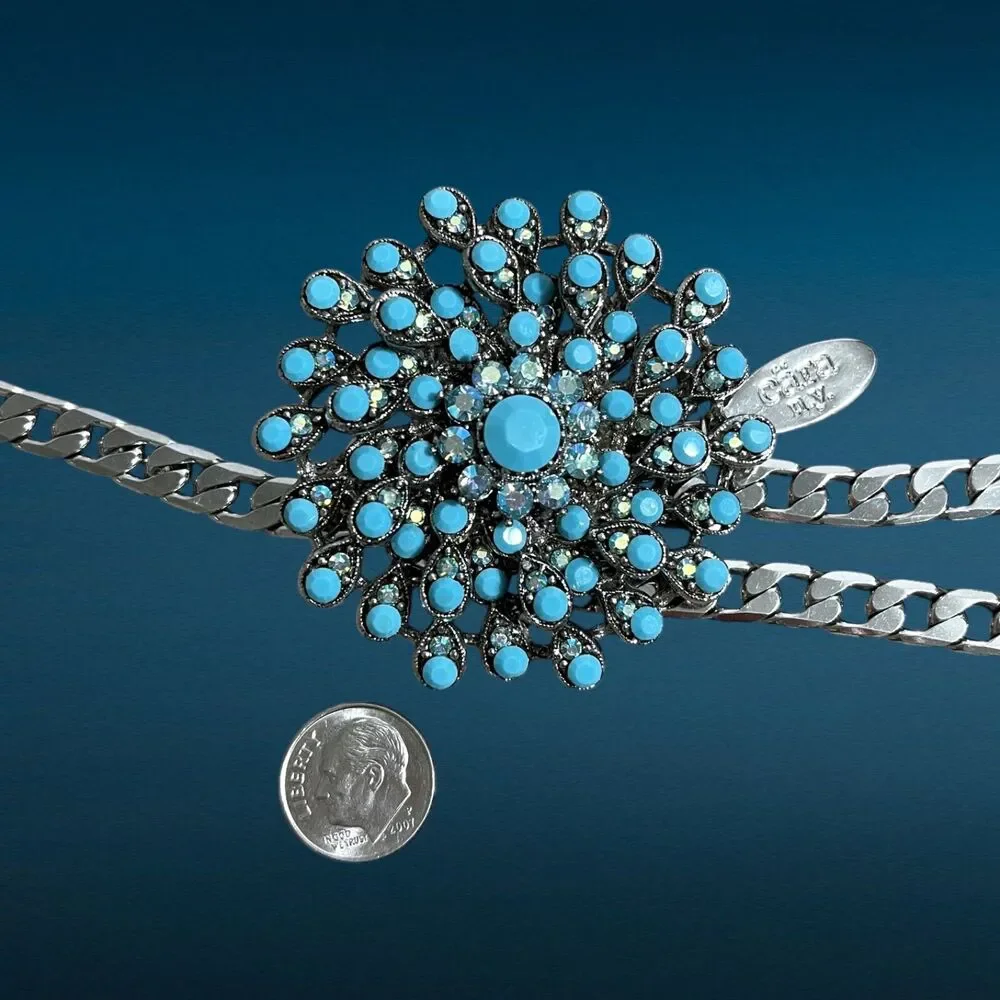 Cara NY Womens Curb Chain Belt Blue Rhinestone Buckle Silver Tone Waist Jewelry